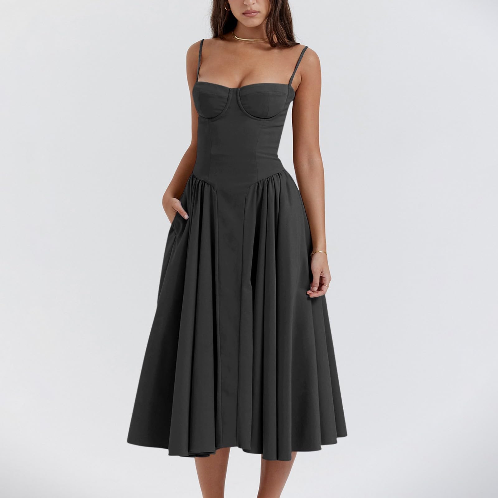 Robe Femme Chic Et Elegant Robe D'été à Bretelles Spaghetti pour Robe à Bretelles Sexy Taille Haute Robe De Cocktail pour Invités De Mariage Classique Mi-Longue Robe De Soirée Tailles S à XL