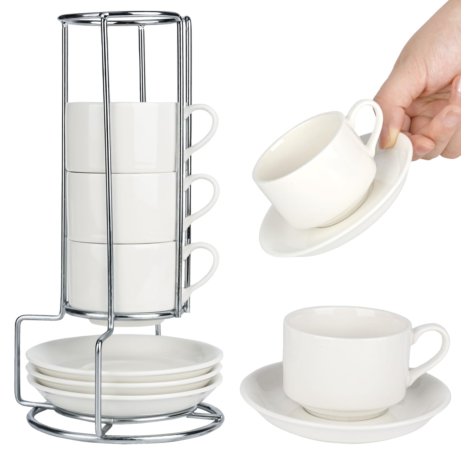 YYTECH 4 x 3OZ Espressotassen Set, Porzellan Espressotassen mit Untertassen, Espresso Tassen, Espressotassens Weiß, Espressotassens Set mit Ständer, Kaffeetassen mit Untertassen spülmaschinenfest