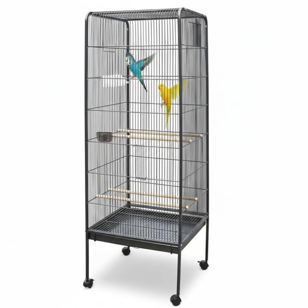 Melko Jaula de Pájaros de Hierro Gris, Aprox. 146 x 54,5 x 54,5 cm (Alto x Ancho x Profundidad), Incluye 4 Perchas + 2 Comederos, Cajón Extraíble para Fácil Limpieza