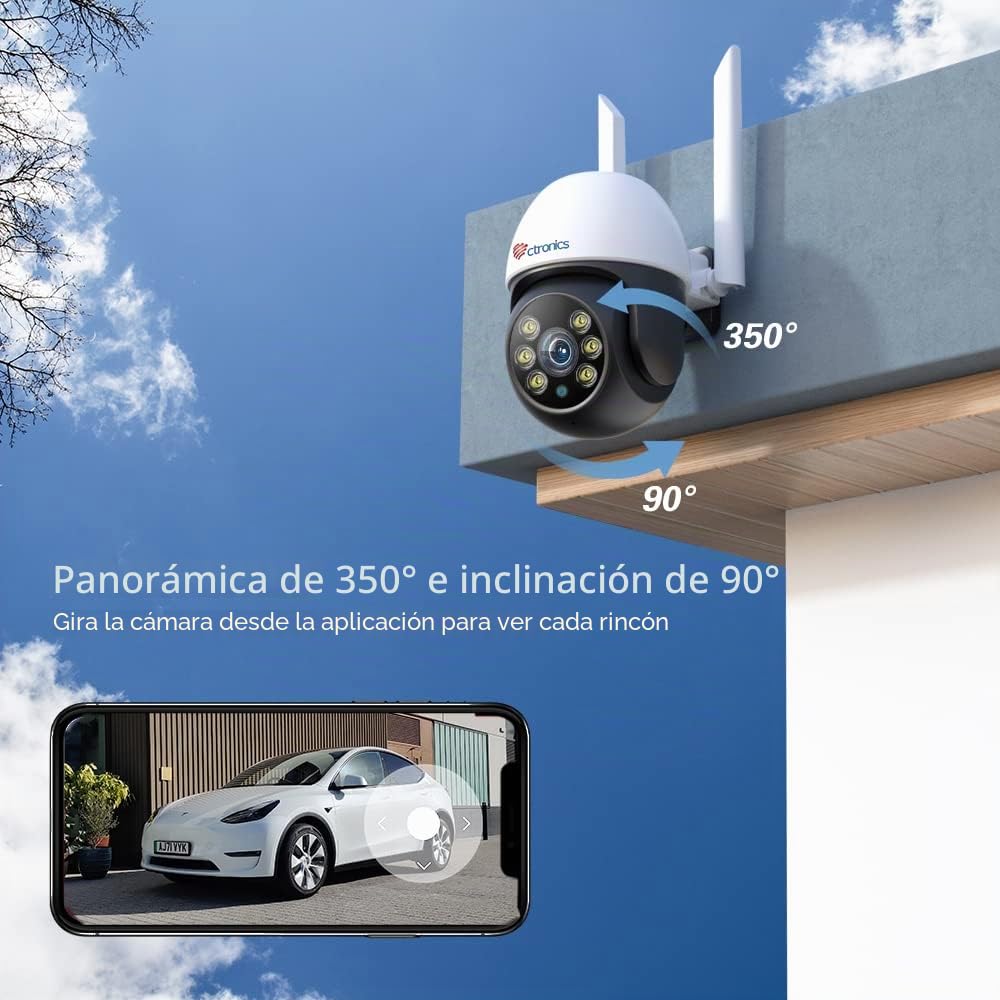 Ctronics Kit Camara Vigilancia WiFi Exterior, PTZ Camara de Vigilancia con Visión Nocturna en Color, Detección de Personas Seguimiento Automático, 24/7 Grabación Continua, Audio Bidireccional