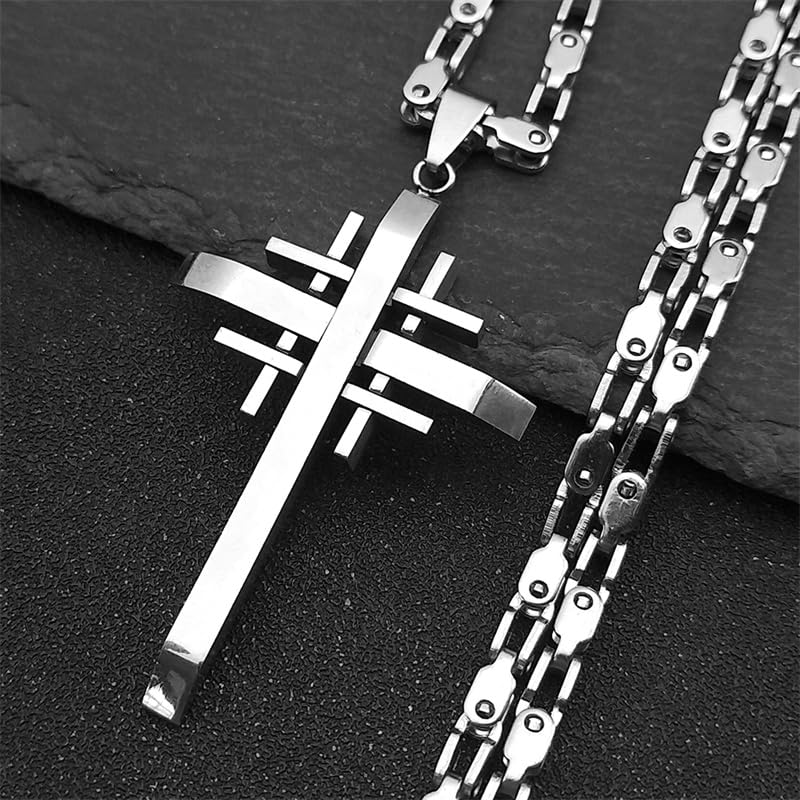 Punk Crusaders Cross Necklace Pendant for Men Women Stainless Steel Prayer cruz (Metal Color: 55cm DC SR)2