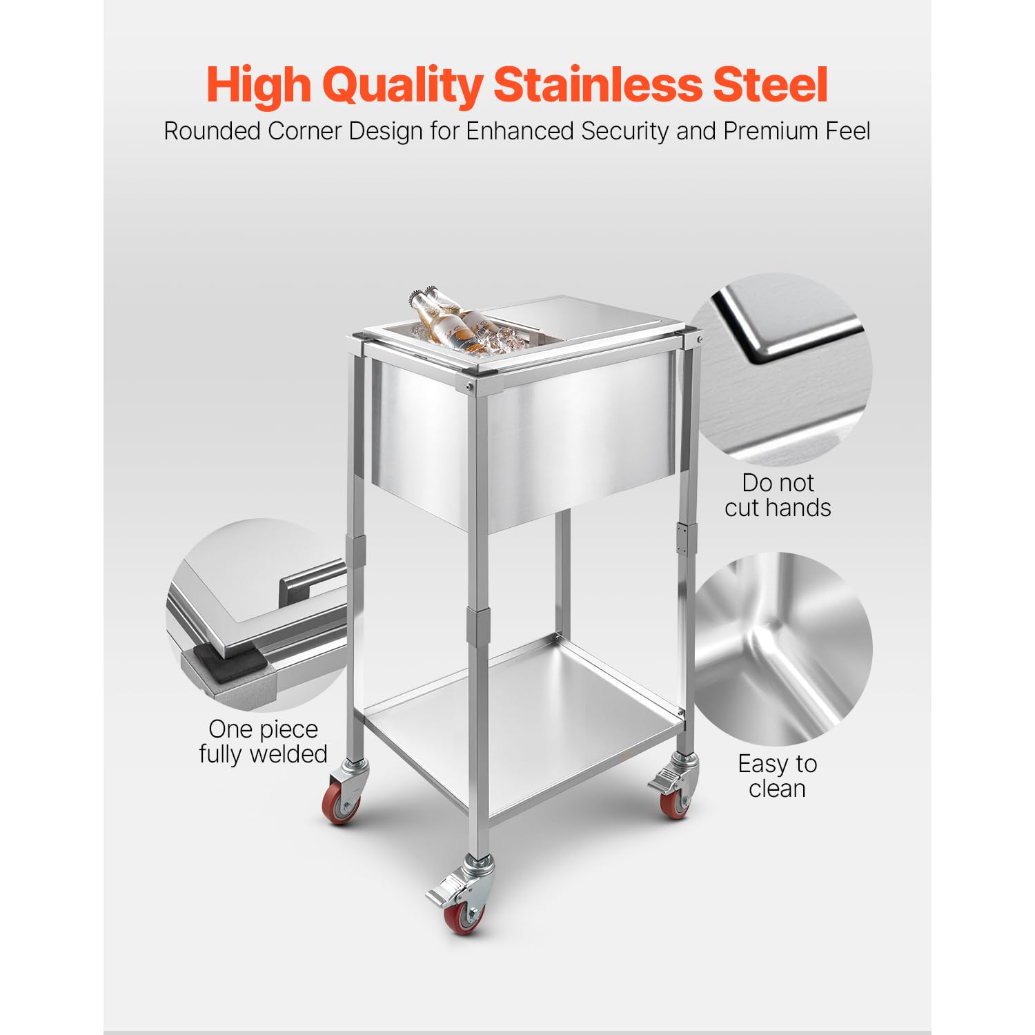 VEVOR Carrello Frigo con Ruote, 510 x 360 x 970 mm, Contenitore per Ghiaccio in Acciaio Inox su Ruote, Carrello Frigo da Esterno da 28 Litri con Ripiano, per Patio, Cortile, Bar per Feste