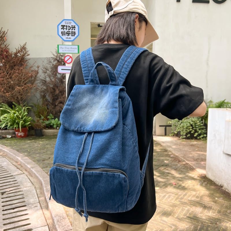 Fashion Backpack Denim Daypack, Women Men Shoulder Bag Grunge y2k Canvas Bookbag Large Daypack Daily Hiking Travel Bag (dark blue)2