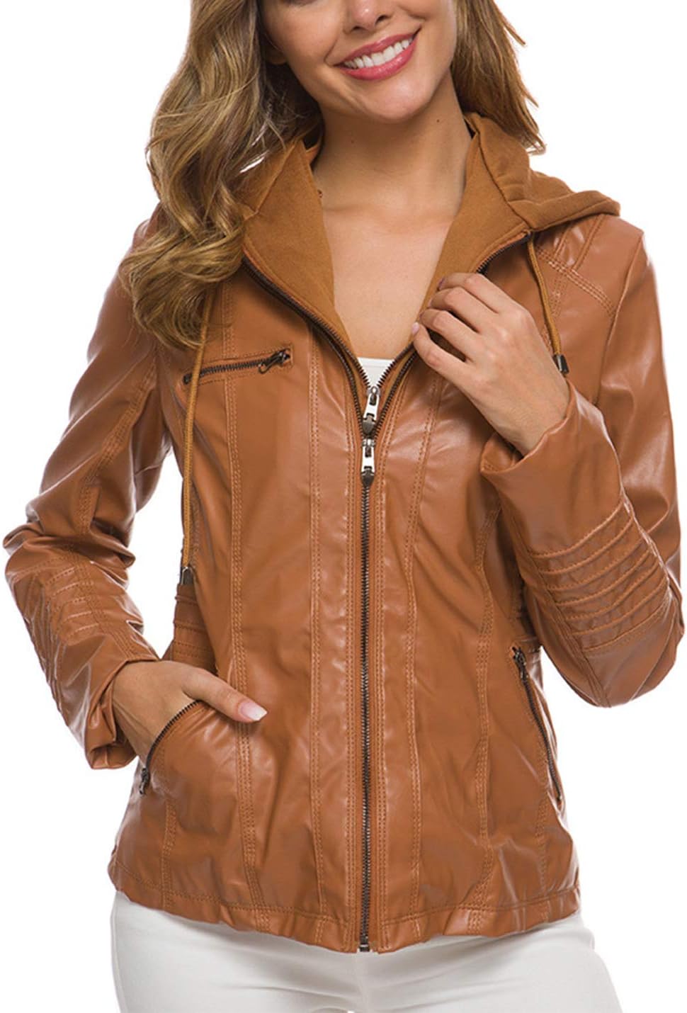 Flygo Women's Faux Leather Jacket Motorcycle PU Slim Short Biker Coat with Removable Hooded