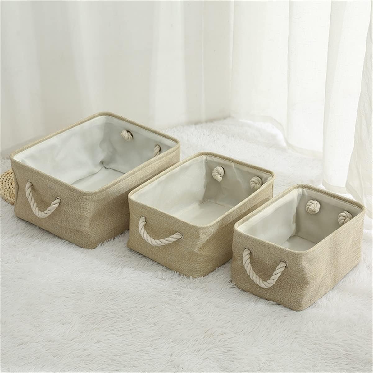 Storage Basket, Portable Foldable Clothes Closet Organizer Containers, Multifunction Hemp Rope Handle Storage Bag for Clothing, Pack of 3 (Color : Beige, Size : S-1/m-1/l-1)