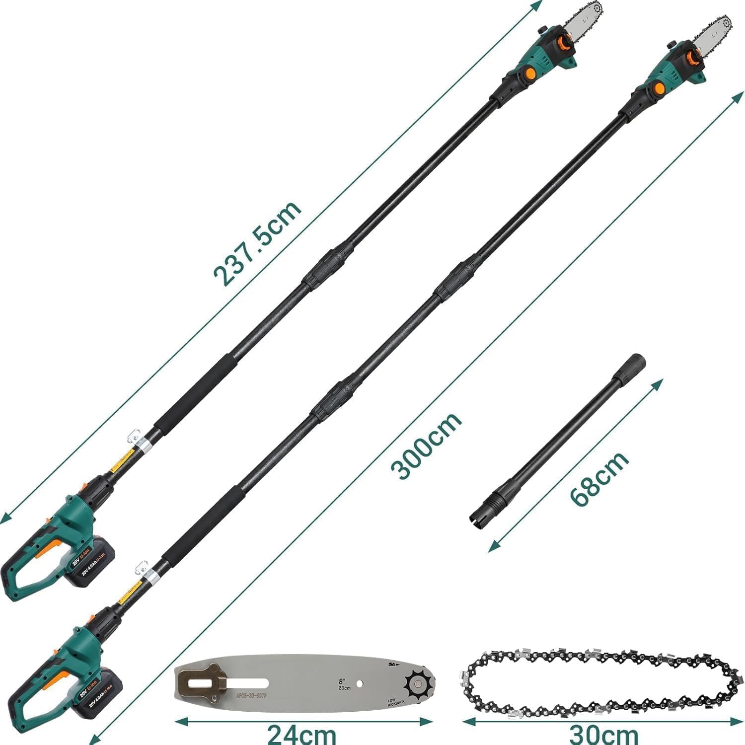 Élagueur sur Perche sans Fil, Perches Élagueuses Électrique, avec Tube d'Extension, Batterie Li-Ion 20 V 4 Ah/Chargeur, Longueur de Lame 20 cm, Vitesse de Chaîne 5 m/s, Tête Inclinable, Portée 4 m
