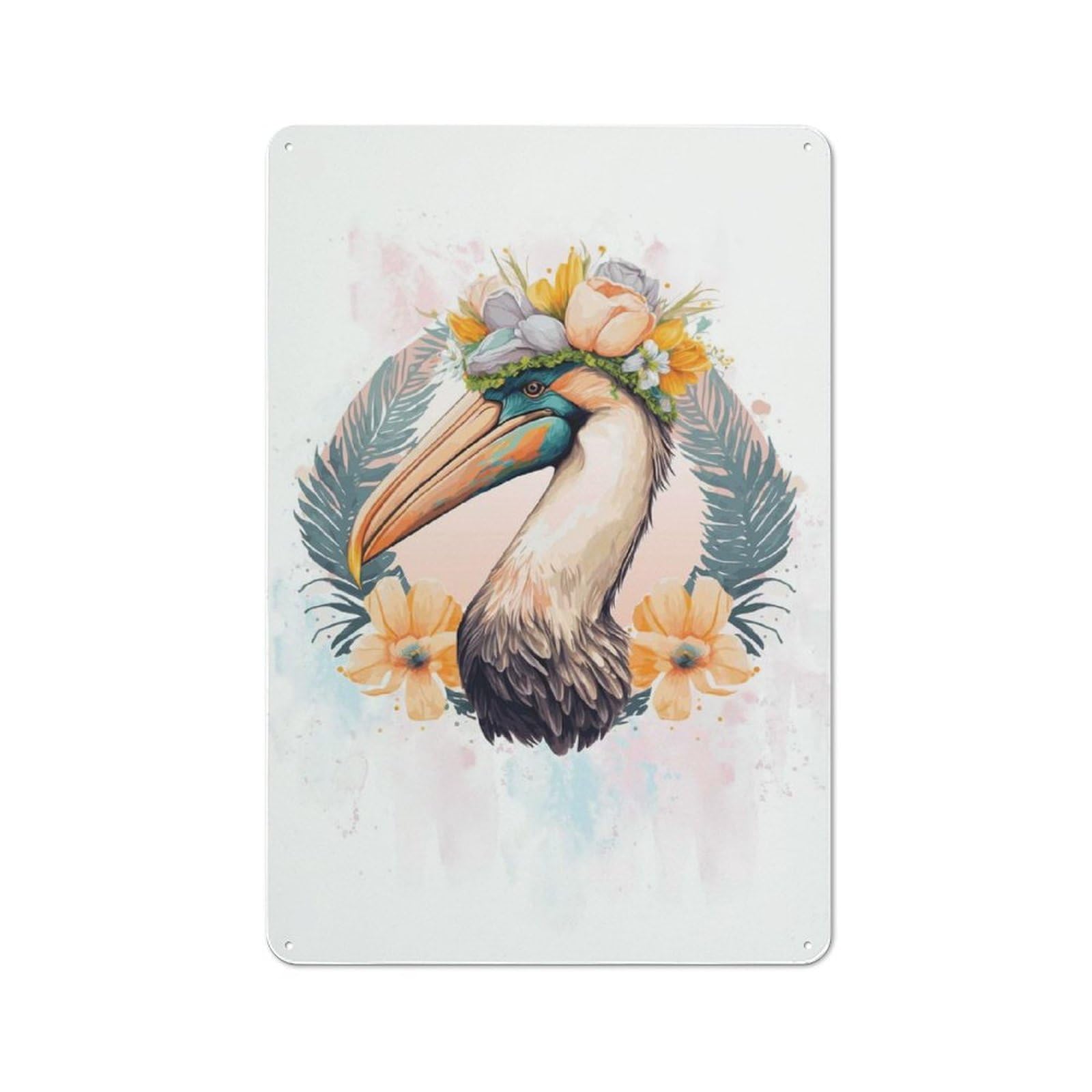 Junmoney Style-17 Decorative Tin Plaque With Floral Watercolor Pelican Design 30X20cm, Classic Novelty Wall Art For Flat, Dorm Room, Lounge Or Cafe