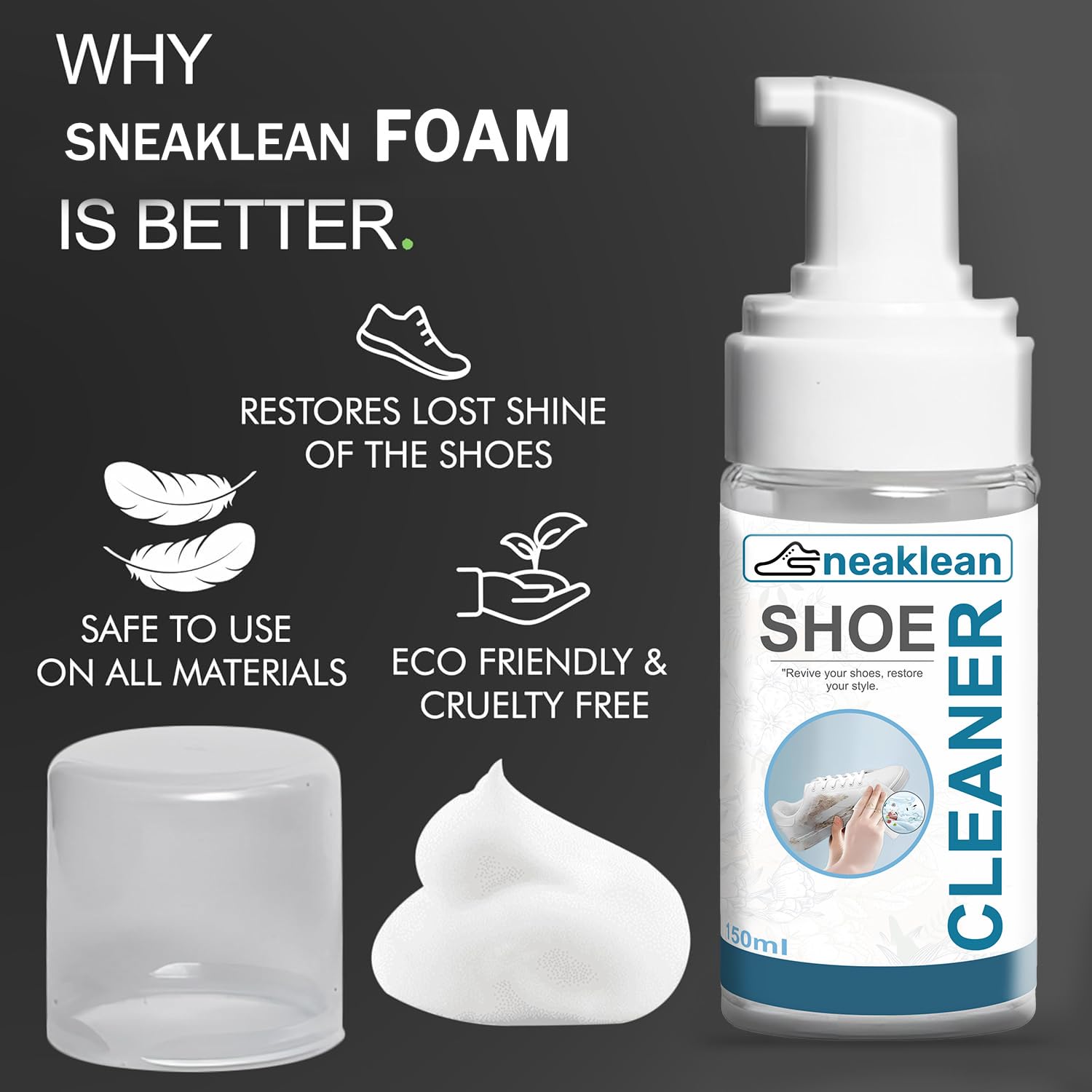 Sneaklean Shoe Cleaner Kit | 150ml Pack with Free Shoe Brush | Fast-Acting Sneaker Cleaner | For All Types of Shoes | Yellow Edge Reducing Agent | Effective Decontamination for Cleaning 4