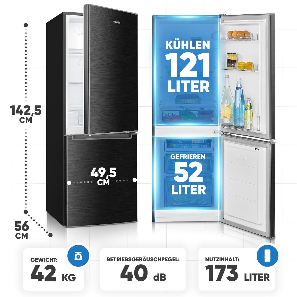 Bomann, Réfrigérateur et Congélateur 173L KG7359-Noir, 121L Réfrigérateur, 52L Congélateur 4 Étoiles, Contrôle Température, Éclairage LED, Design Réversible, Idéal pour Cuisine Moderne