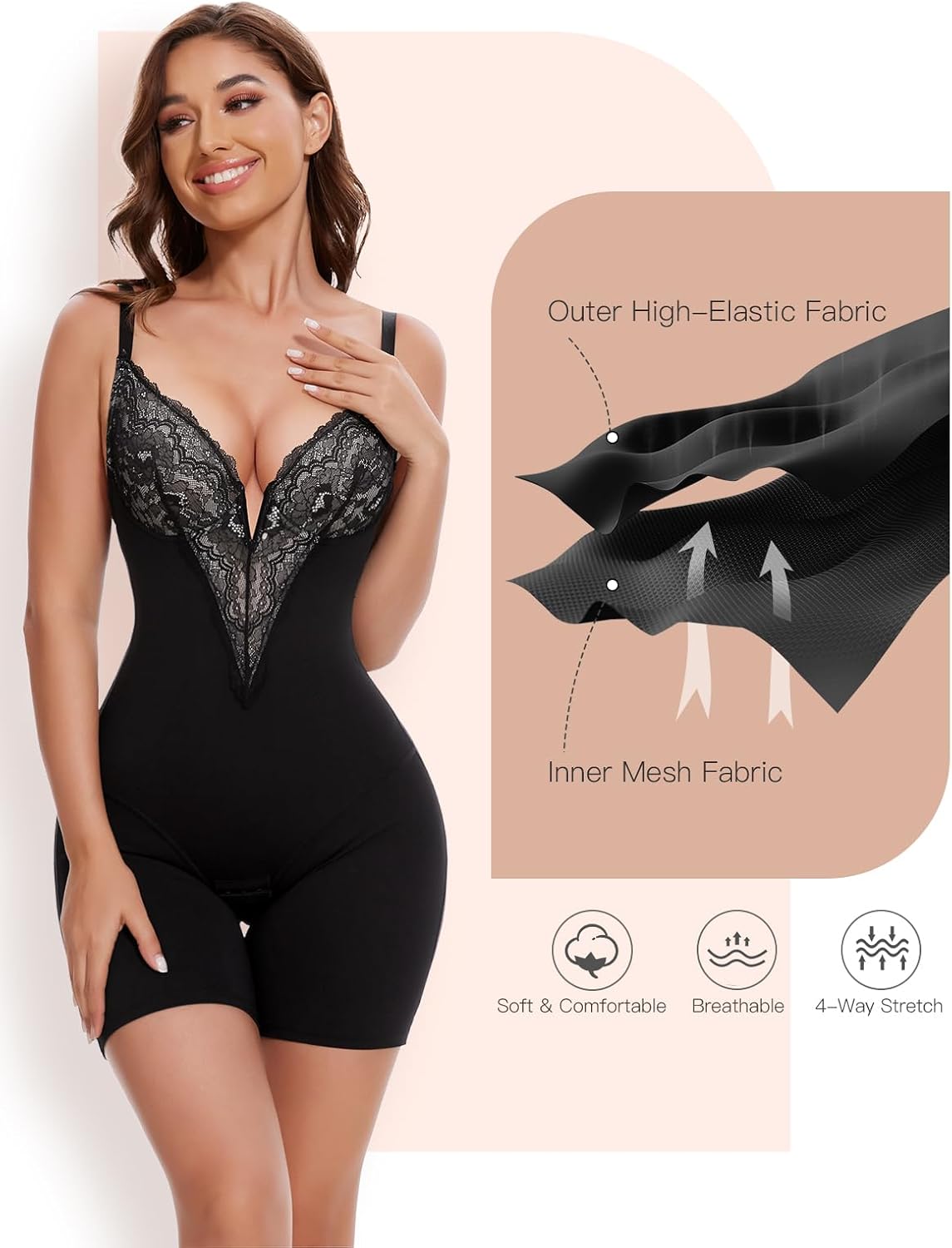 Slimers Sexy Lace Shapewear Bodysuit - V-Neck Low Back Body Shaper : Women Tummy Control with Underwire Shapewear Bodysuit - Image 4