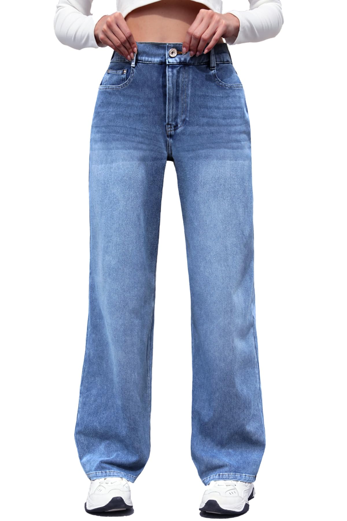 ELLEVEN High Stretchy Sweatpant Jeans Women Elastic Waist Wide Leg Baggy Knit Jeans Straight Leg High Waisted Pull