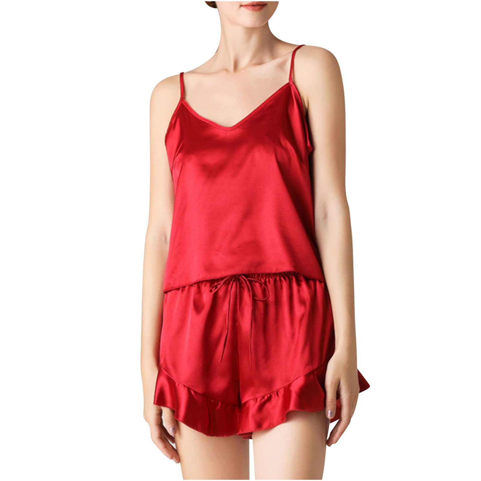 Womens Sexy Silk Pajamas Set Spaghetti Strap Cami Tops Ruffle Shorts Lounge Pjs Set Cute Soft Comfy Summer
