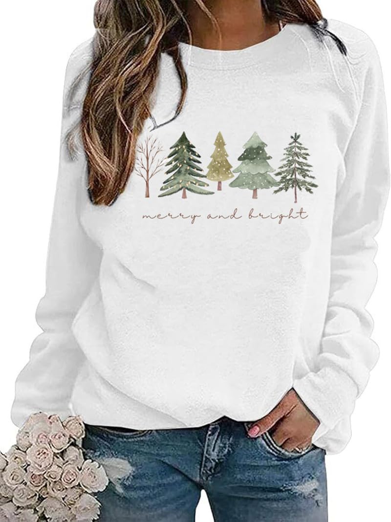 kfulemai Christmas Sweatshirts for Women Merry and Bright Christmas Tree Graphic Long Sleeve shirts Xmas Holiday Party Pullover Tops-picture-14