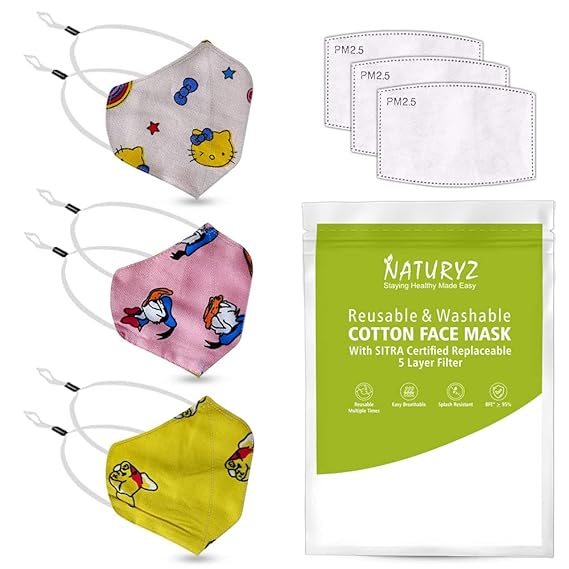 NATURYZ Kids Cotton Small Face Mask (2-4 Years) with 5 Layer N95 SITRA Certified filters | Reusable, Washable , Breathable with Comfortable Head loops for Boys, Girls & Children