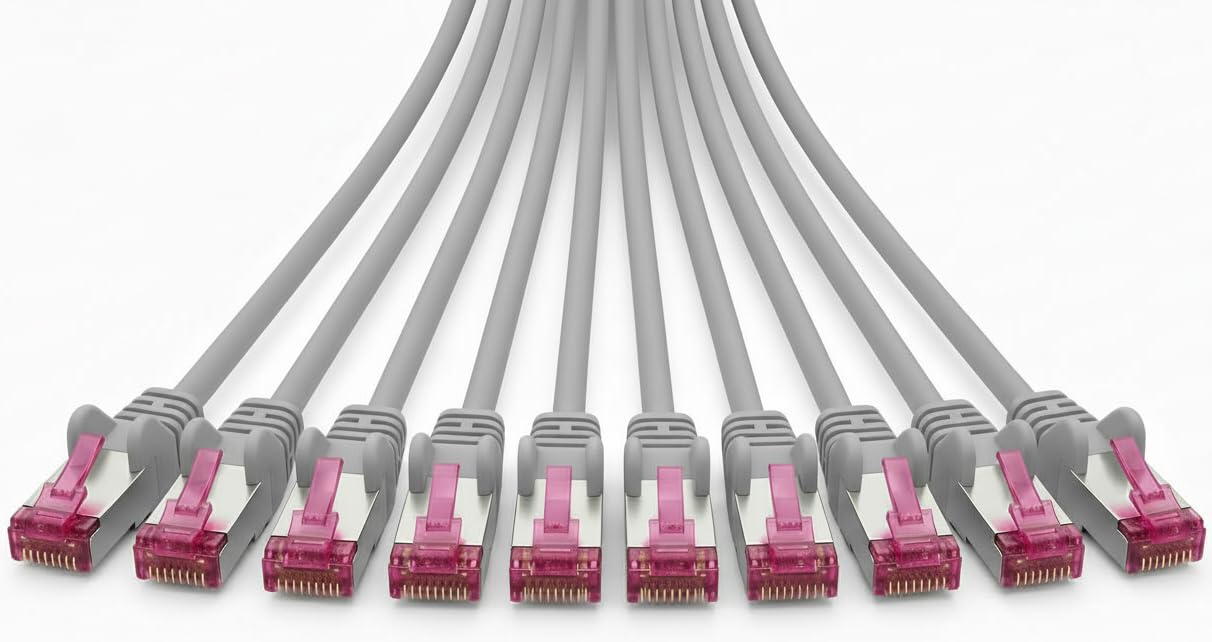 Lot de 10 câbles réseau CAT 6a - 2 m - Gris - RJ45 - Câble LAN S/FTP PiMF - Certifié GHMT - 10 Gbit/s 500 MHz - En cuivre CU - Pour routeur, commutateur, Smart TV, PC et réseau