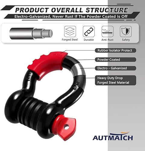 Vista 58 de AUTMATCH- 2 grilletes en D de 3/4 pulg, 41,887 Ib, resistencia a la rotura, tornillo de 7/8 pulg, pasador y grillete, aislante y arandelas, Negro