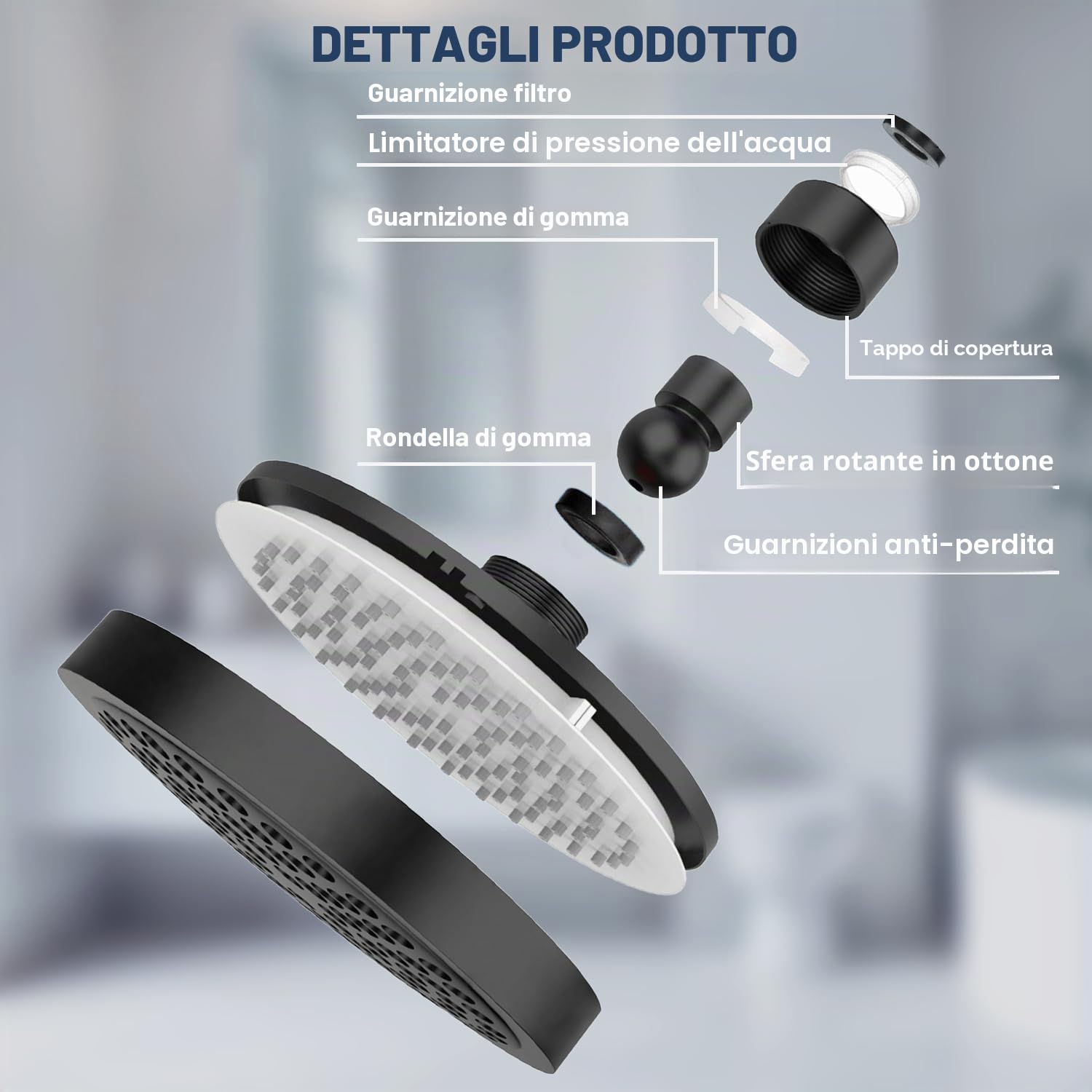 Soffione Doccia Anticalcare Fisso Pioggia Rotondo Regolabile 360° Pulizia Automatica Negro