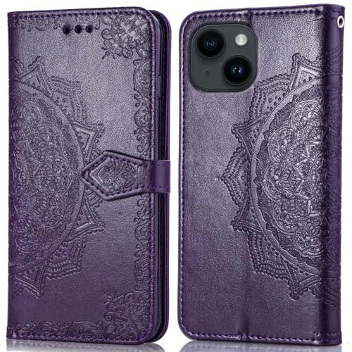 Image of ClickCase Queen Series for iPhone 15 Plus Leather Flower Embossing Wallet Flip case Magnetic Closure Flip Cover for iPhone 15 Plus (Violet)