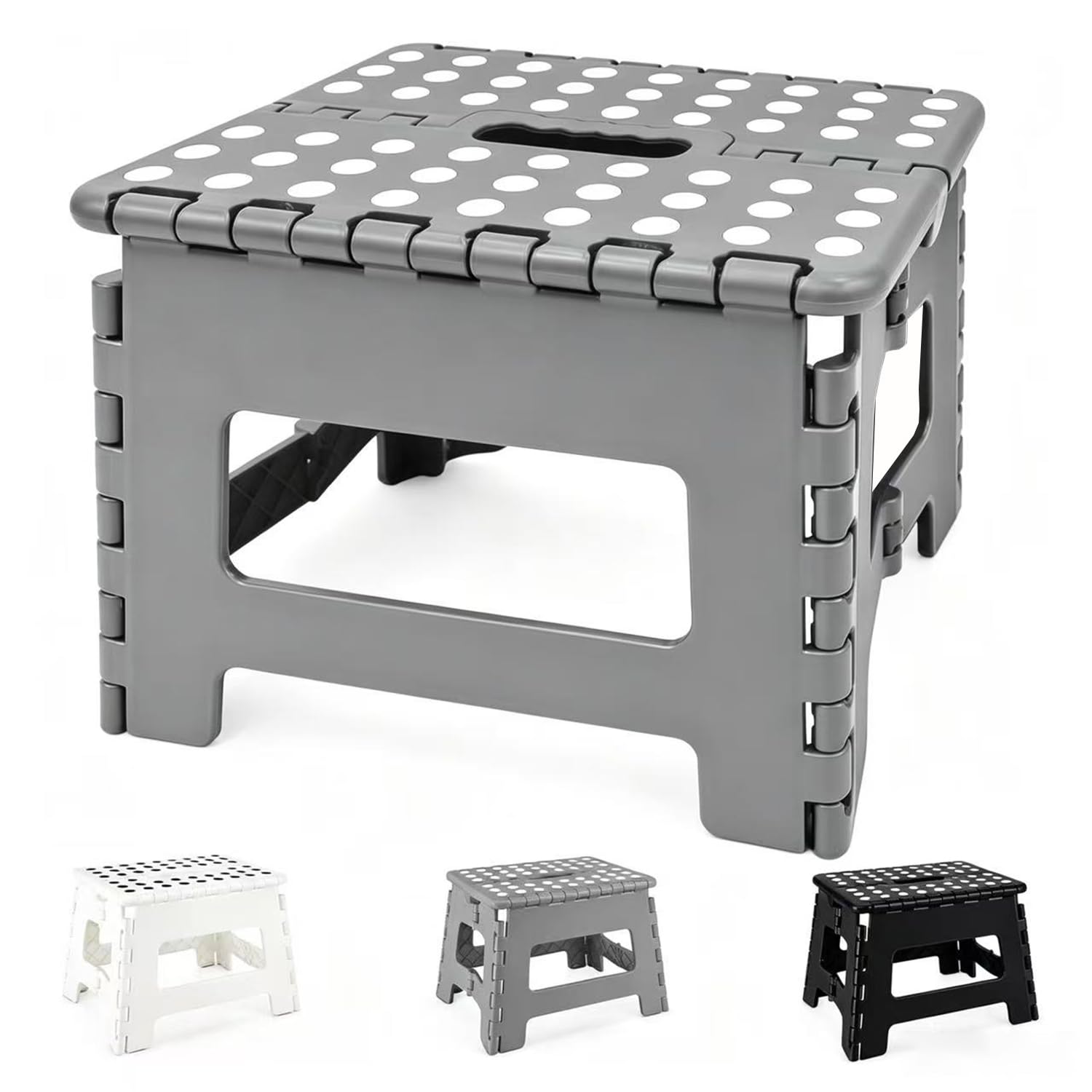 MASS DYNAMIC 9 Inch Folding Step Stool, Portable Plastic Footstool with Carry Handle, Non-Slip Top, Compact Collapsible Seat for Kitchen, Bathroom, Garden, Camping, Gray -Pack of 12