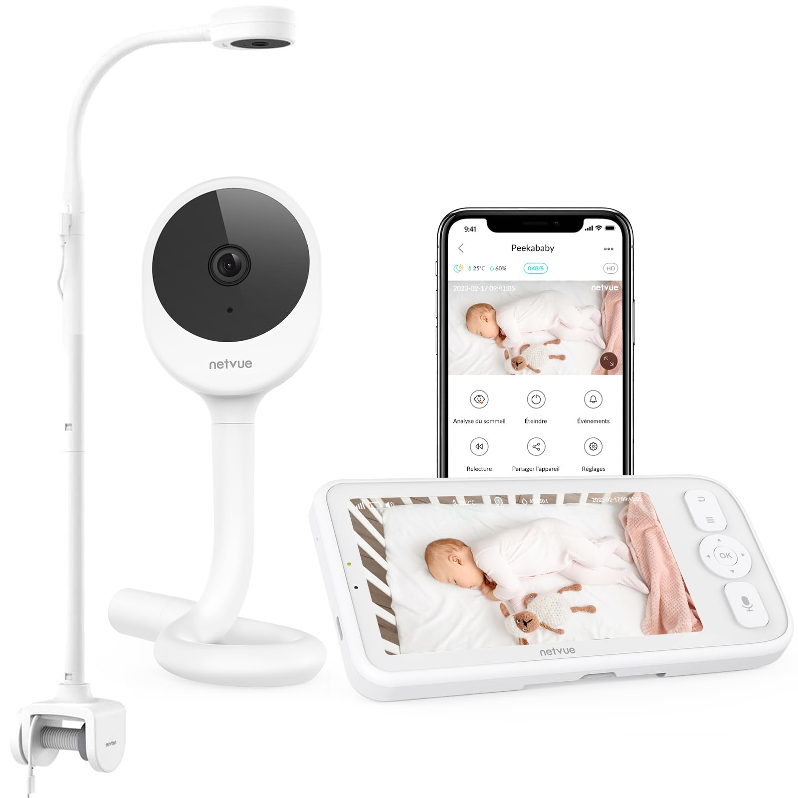 NETVUE Babyphone Caméra Intelligent avec 4 en 1 Support Babyphone, 5" HD Moniteurs Bebe Écran LCD + APP Smartphone, Baby Phone Vidéo sans Fil Audio Bidirectionnel Vision Nocturne Détection des Pleurs