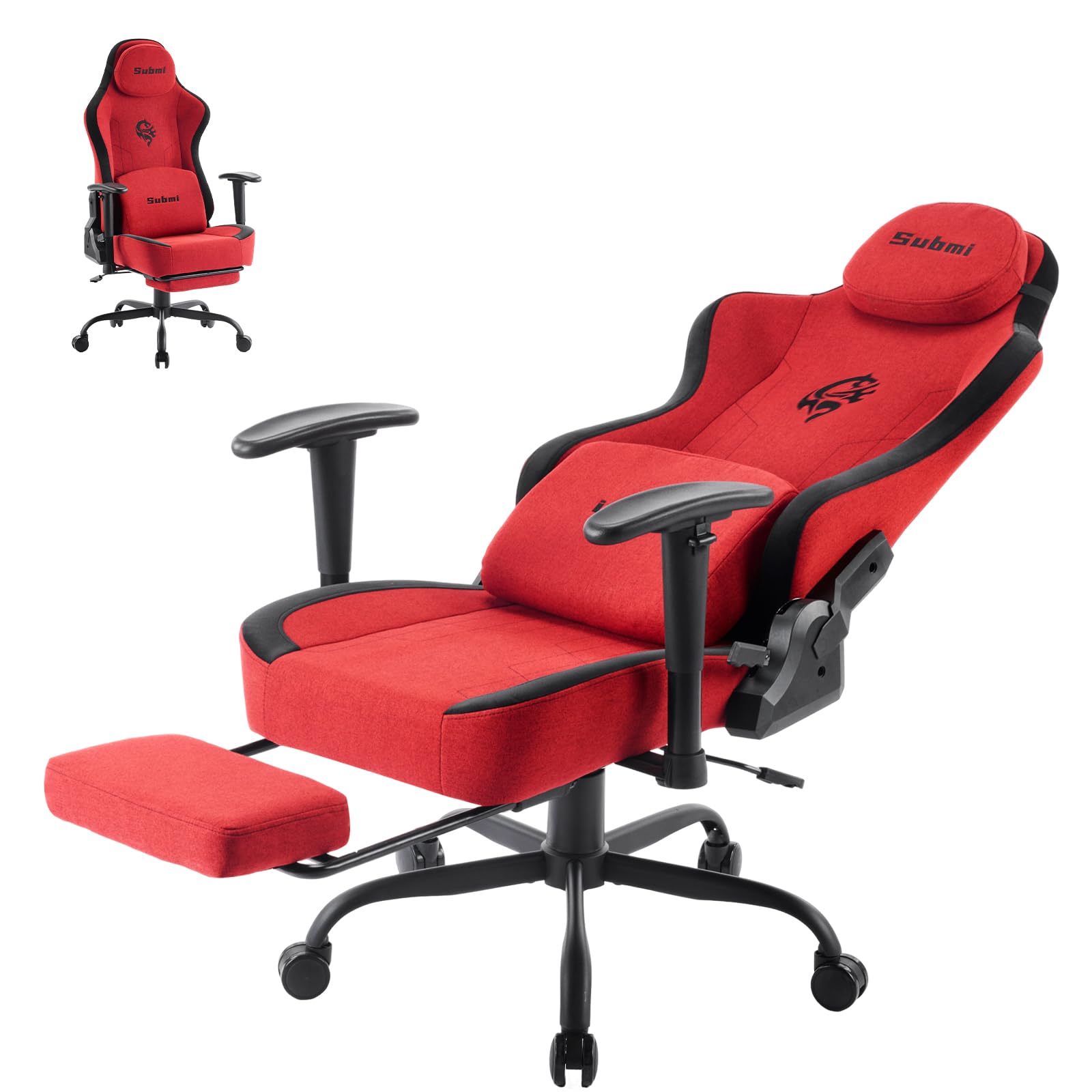 Submi Gaming Sessel, Ergonomischer Stoff PC Gaming Stuhl, Gamer Stuhl mit Fußstütze, Gaming Chair mit Kopfstütze & Lendenstütze, Computerstuhl für Erwachsene, Teenager