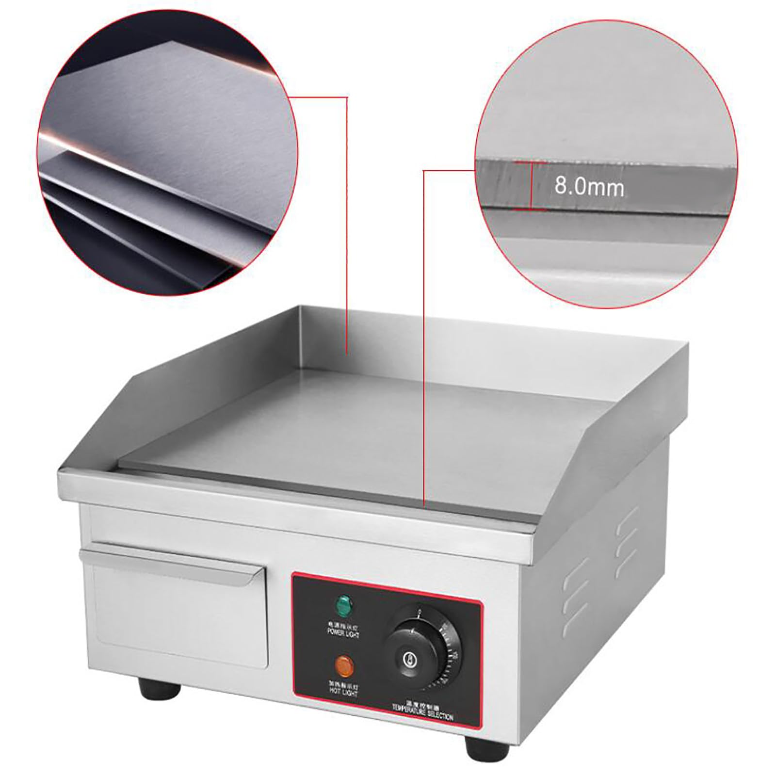 Plancha Eléctrica Profesional 1500W Plancha Cocina Eléctrica Plancha De Asar De Acero Inoxidable para Panqueques, Tocino Crujiente, Queso Asado, Platos Fritos Parrilla De Mesa