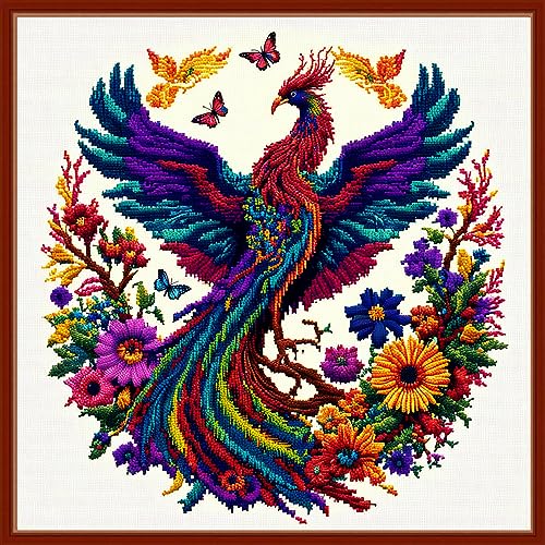 Image of Dimensean Stamped Cross Stitch Kits Full Range of Embroidery Patterns Starter Kits for Beginners Adult DIY Cross Stitches Needlepoint Kits 11CT-Colorful Phoenix 17.7x17.7 inch