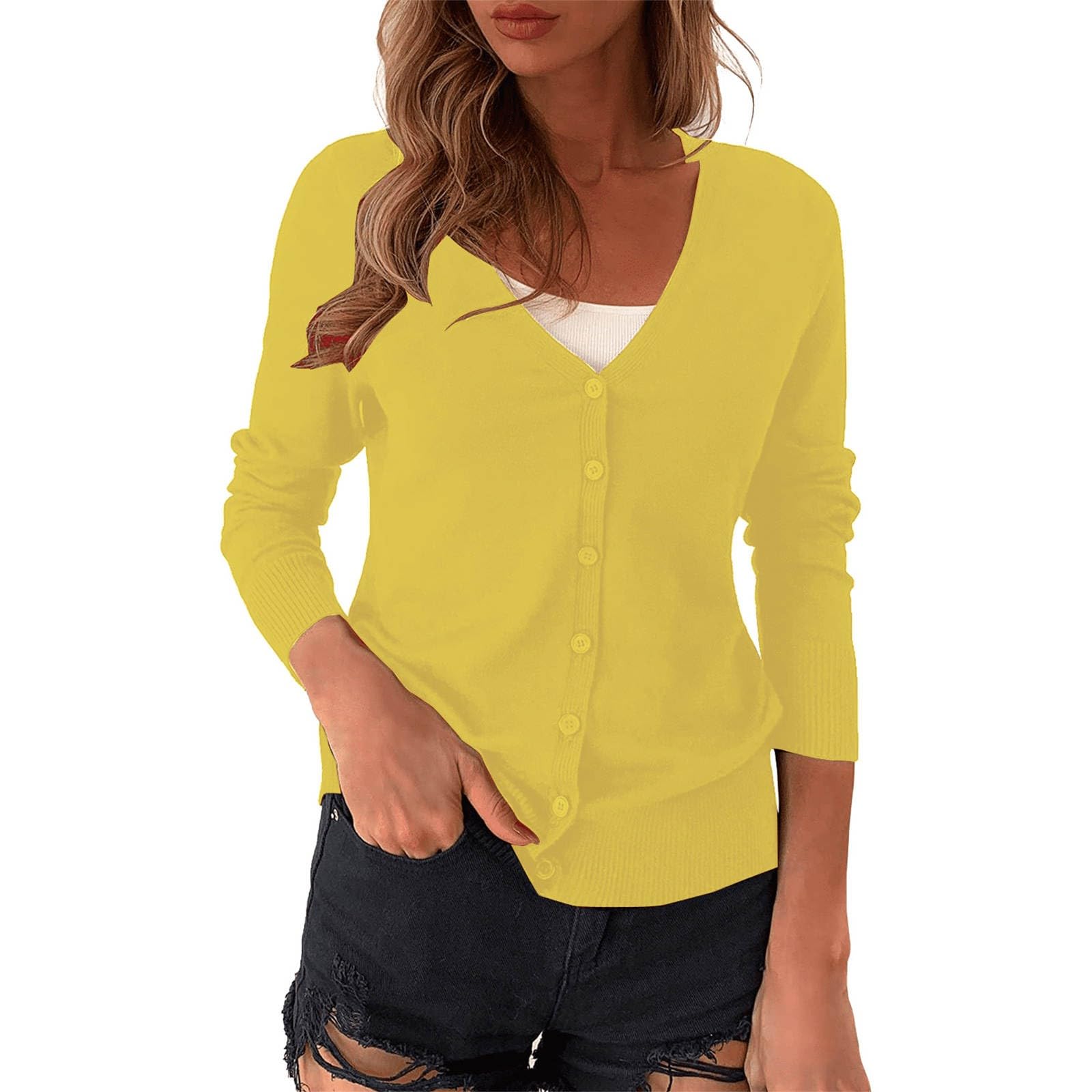 Generisch Cardigans para mujer elegante e informal bolero para tops vestido cárdigan de verano manga larga suéter de punto estrecho transpirable con botones chaqueta camisa con cuello en V ligero