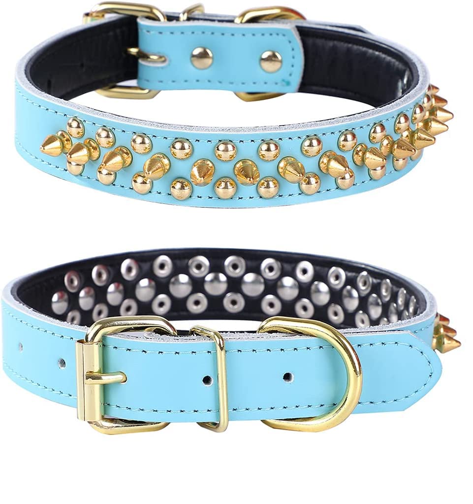haoyueer Adjustable Genuine Leather Spiked Studded Dog Collars for Small Medium Large Pets Like Pit Bull Bulldog Pugs Husky (M, Light Blue2)