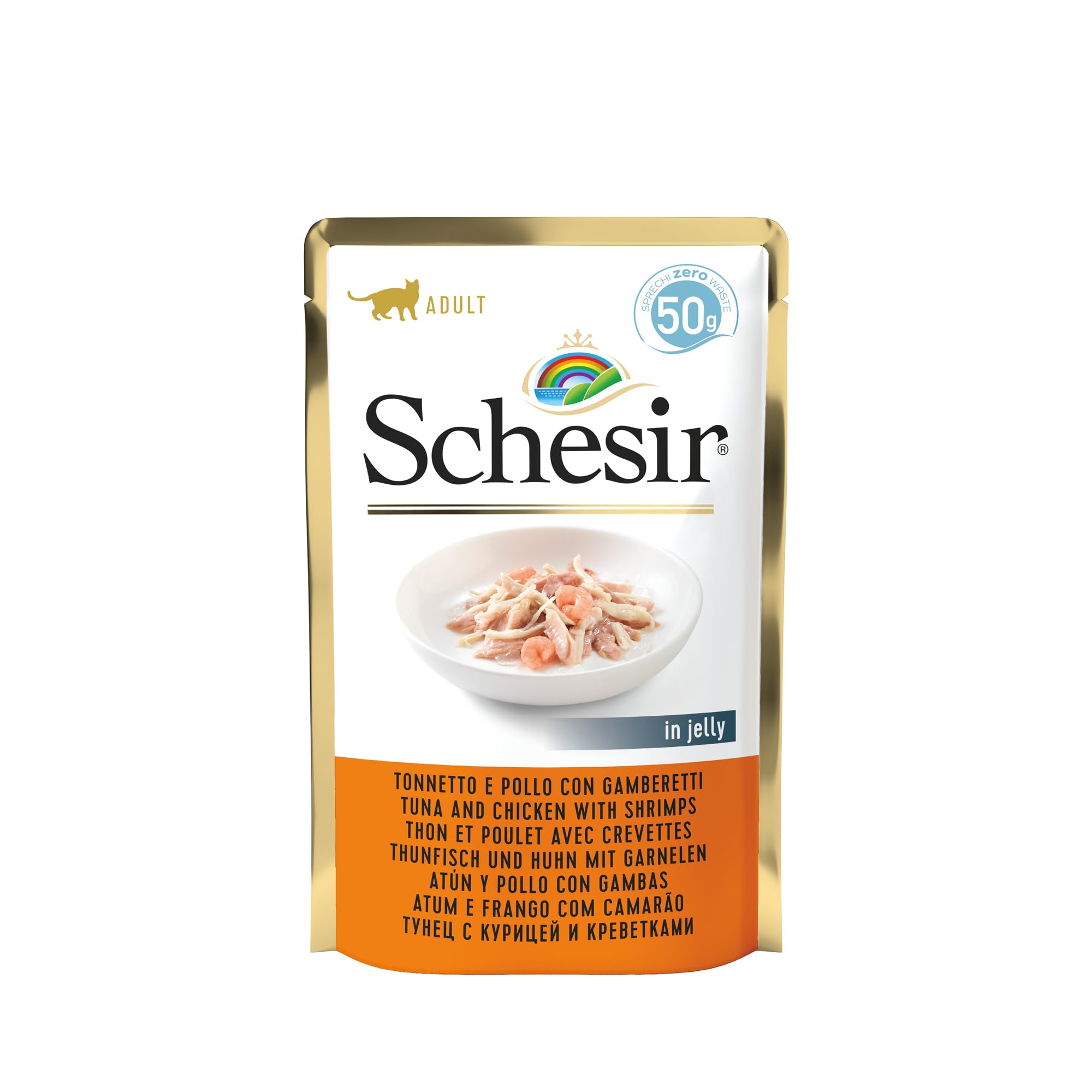 Schesir Cat Jelly Thon et Poulet avec crevettes, Nourriture pour Chat Humide en gelée, 30 sachets x 50 g