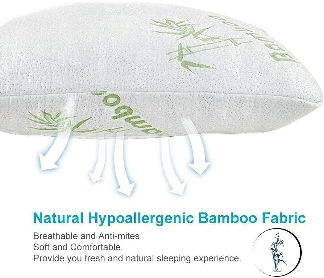 Bamboo Pillow Queen Size Shredded Memory Foam for Sleeping Ultra Soft, Cool & Breathable Cover