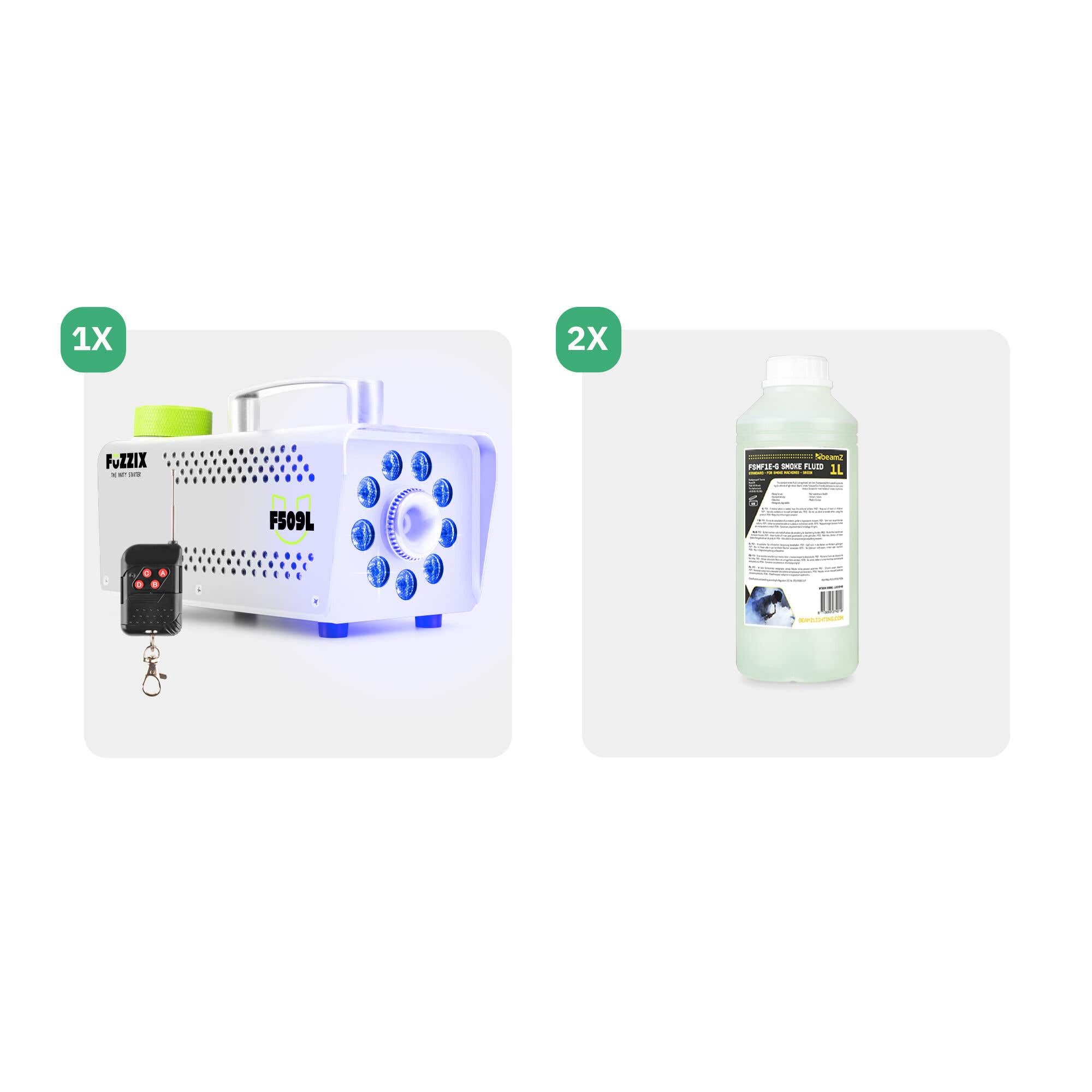 Fuzzix F509LW Nebelmaschine Mini mit LED Lichteffekt und 2 Liter Nebelfluid, 500 Watt mit Fernbedienung, Rauchmaschine Party, Smoke Machine mit 9 LEDs RGB, Hochzeiten, Nebelmaschine Halloween Party