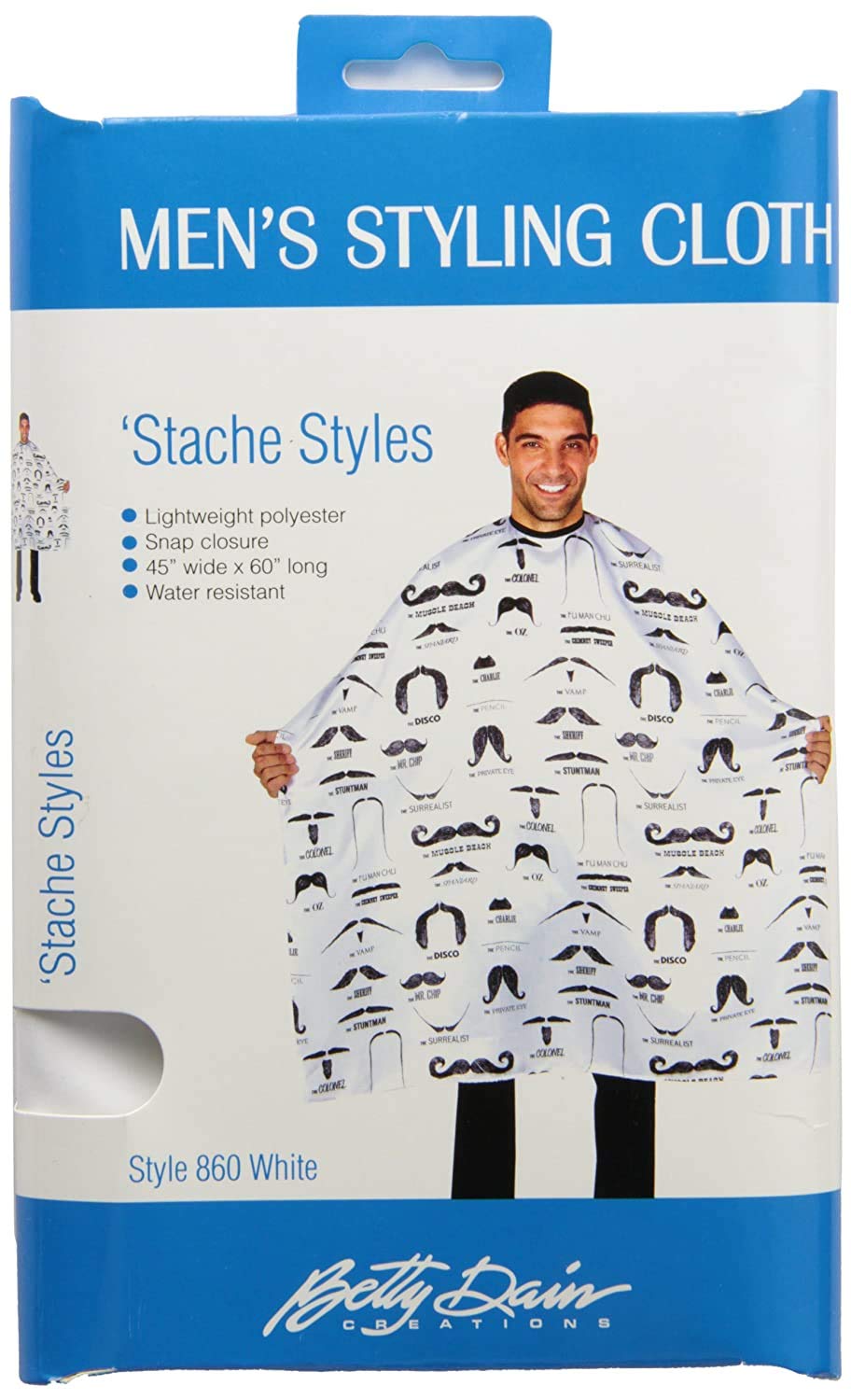Betty Dain 'Stache Styles Men's Hair Cutting Cloth, Mustache Print, Lightweight Water Resistant Polyester, Snap Closure, White, 45 inches wide x 60 inches long