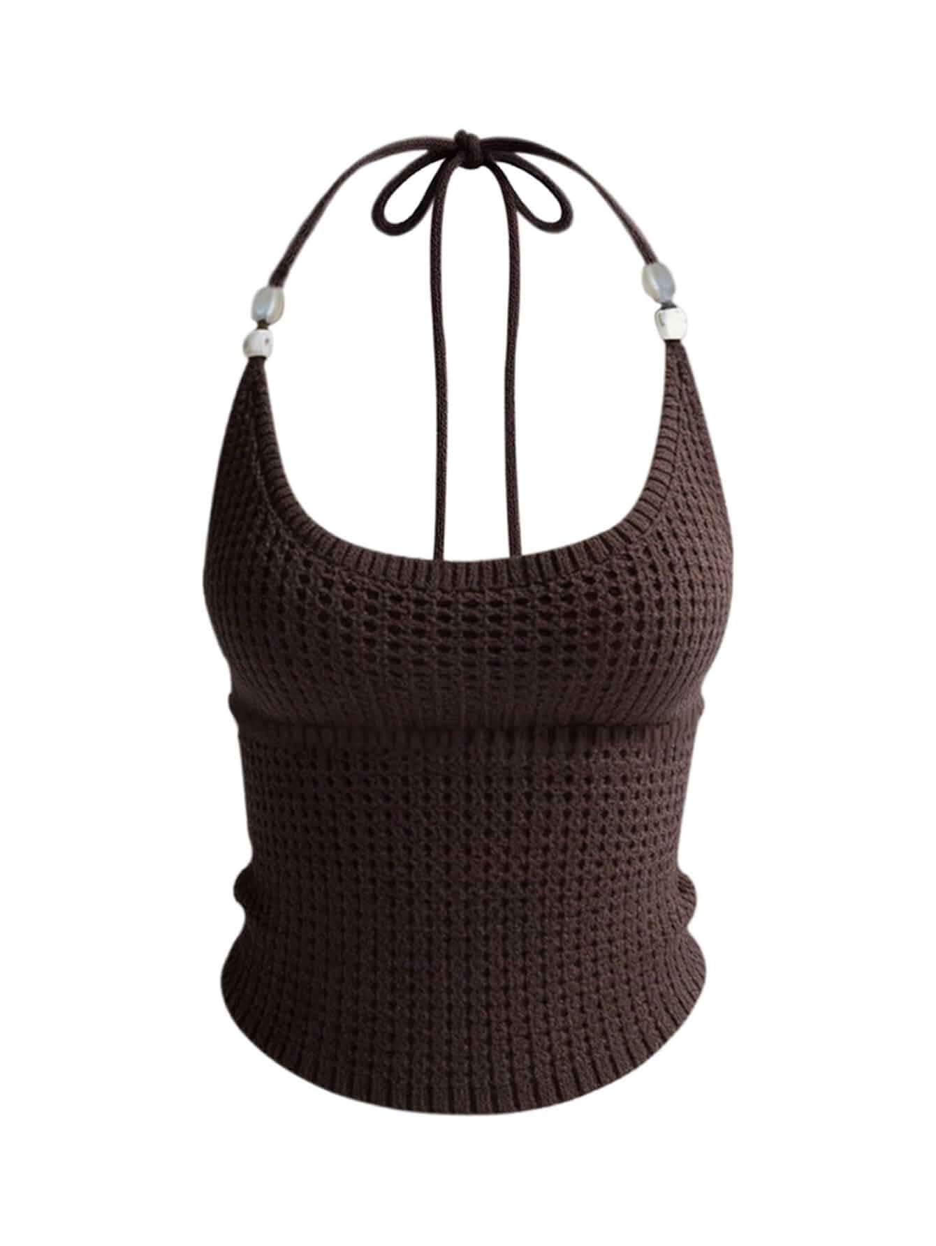 MakeMeChic Women's Open Back Halter Crochet Crop Tops Boho Tie Back Knit Tank Tops for Women, Vacation Outfits, Resort Wear, Casual, Fall, Soft, Y2k, Backless, Boho Grunge