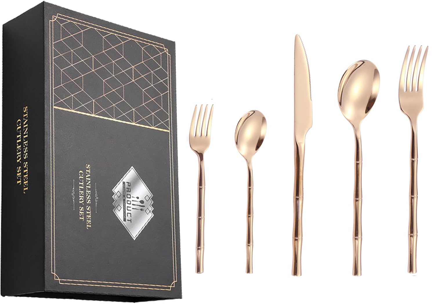 Ce Service de Couverts pour 4 Personnes, en Or Rose, Comprend des Couverts en Acier Inoxydable, des ustensiles de Table et des Couverts avec Manches en Bambou de Style français (fourchettes