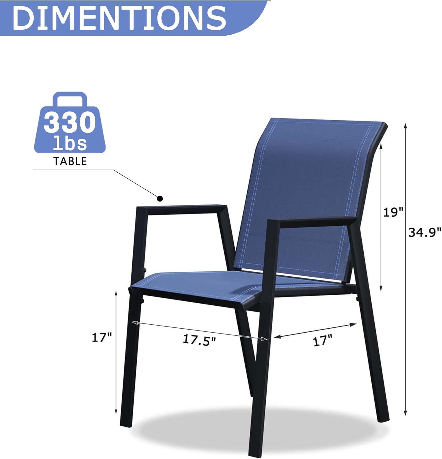Patio Chairs Set of 2, Stackable Outdoor Dining Chairs with Metal Frame and Breathable Textilene Fabric, All Weather Dining Furniture Set for Lawn, Garden, Backyard, Poolside, Blue