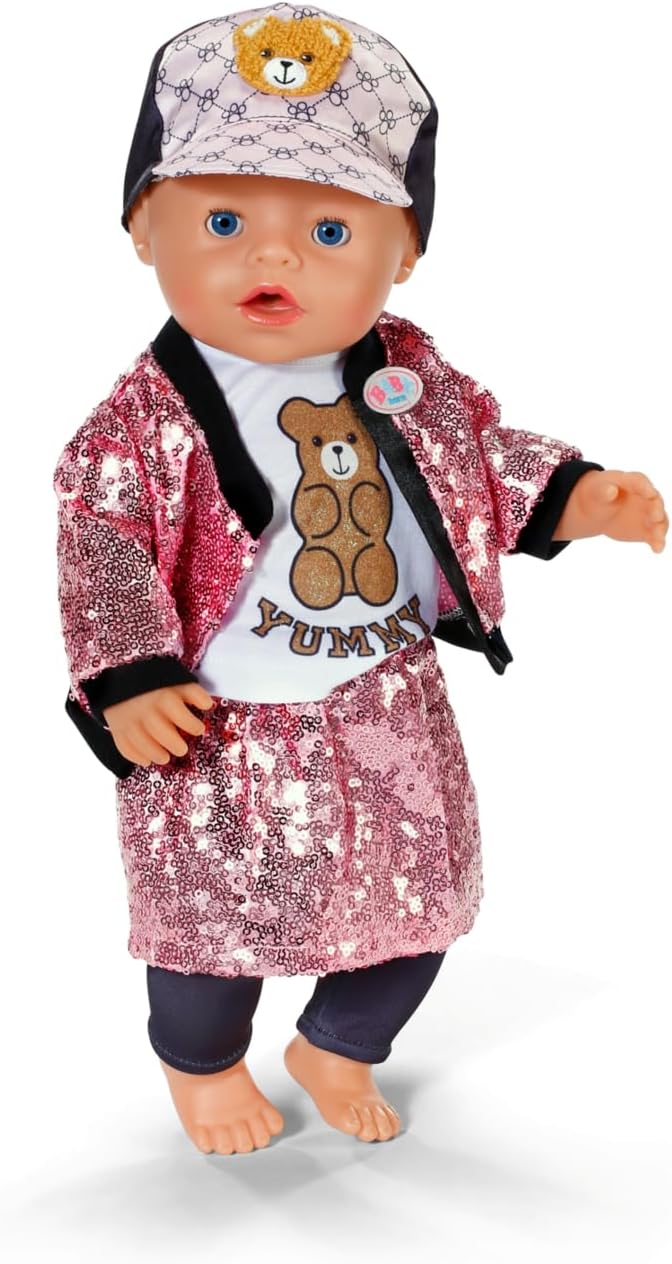 BABY born Glam Outfit - with Pink Sequin Skirt and Jacket, Teddy Bear Print T-Shirt, Cap and Leggings - High Quality Accessories for Dolls - Clothes Suitable for 43 cm Dolls