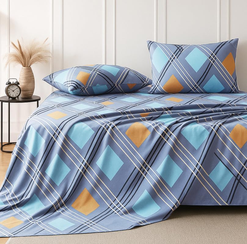 BSB HOME 300 TC Cotton Microfiber XXL Super King Size Bedsheet for Double Bed, Without Joint King Size 108 Inches X 108 Inches, 9 Feet, 275 X 275 cm with 2 Large Size Pillow Covers - Grey Blue