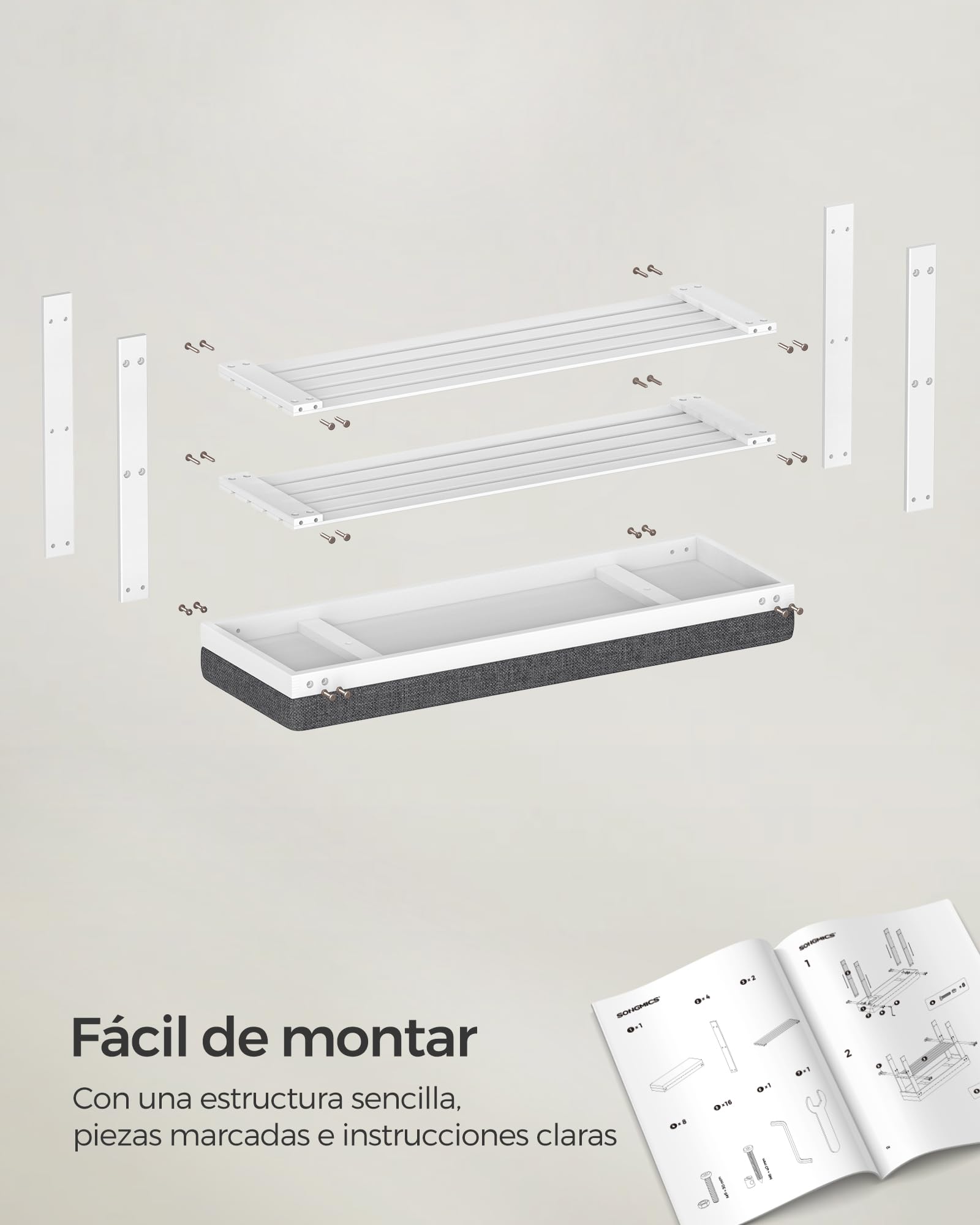 SONGMICS Banco Zapatero de Bambú, 2 Niveles, para Entrada, 29 x 90 x 49 cm | Organizador de Zapatos Estable, Soporta hasta 136 kg, Sala de Estar, Blanco y Gris, Colección BAMBOU, LBS904W01