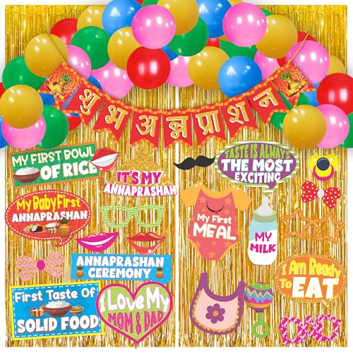Image of WOBBOX Annaprashan Party Props with Hindi Font Red & Golden Color Bunting Banner & Balloon & Foil Fringe, Annaprashan Decoration Item (44 Pcs Combo)