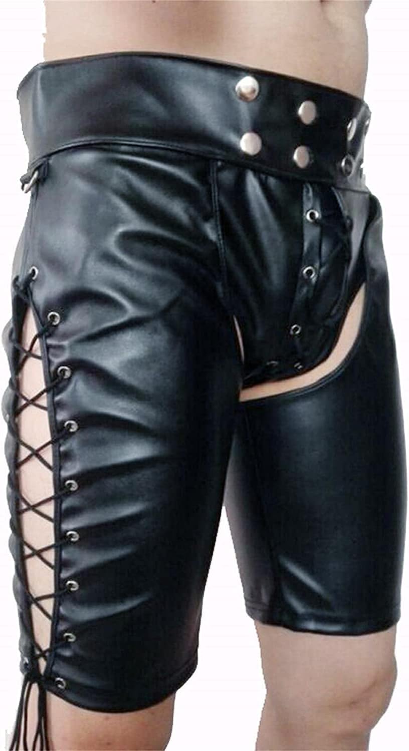 Sexy Men's Shorts Latex Catsuit PU Mesh Stitching Leather Pants Nightclub Showwear Open File Patent Tights Clubwear