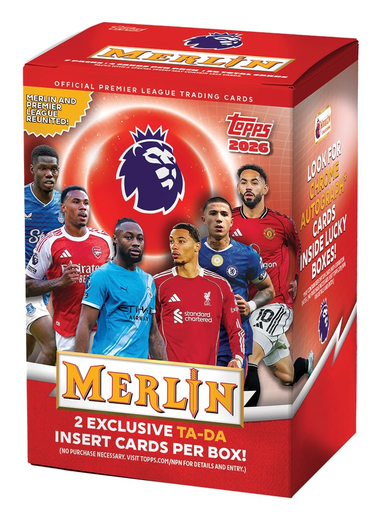 Topps Merlin Premier League 2026 - Boîte de valeur | 4 cartes par paquet, 7 paquets par boîte avec 1 numérotée parallèle par boîte