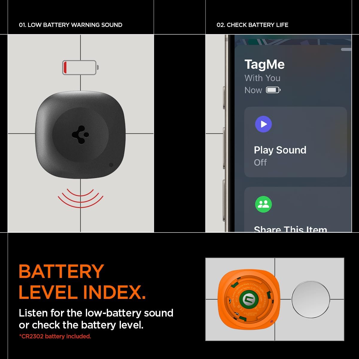 Image showing a Spigen Tag Me tracker emitting sound waves for a low battery warning, and an iPhone screen displaying the battery level within the Find My app.