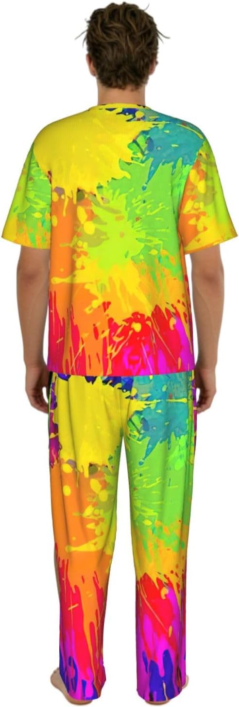 Men'S 2 Piece Loungewear Pajama Set Colorful Splash Print Short Sleeve Tee Top And Pants Set S-3xl