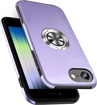 Shockproof Case for iPhone SE 3/SE 2020/7/8, [Embedded Finger Ring] Military Grade Phone Case Cover with Reinforced Metal Stand Kickstand [Support Magnetic Car Holder] for iPhone SE 3, Purple
