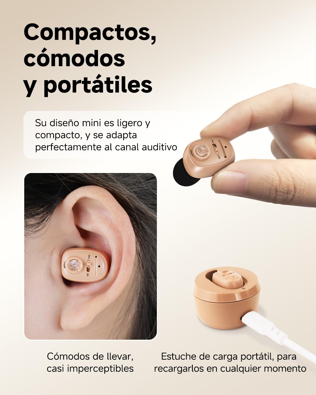 Britzgo Amplificador de Sonido 1607 con Reducción Inteligente de Ruido, Estuche de Carga Portátil, Diseño Ergonómico en L, Hasta 48 Horas de Autonomía y Carga USB (Beige)