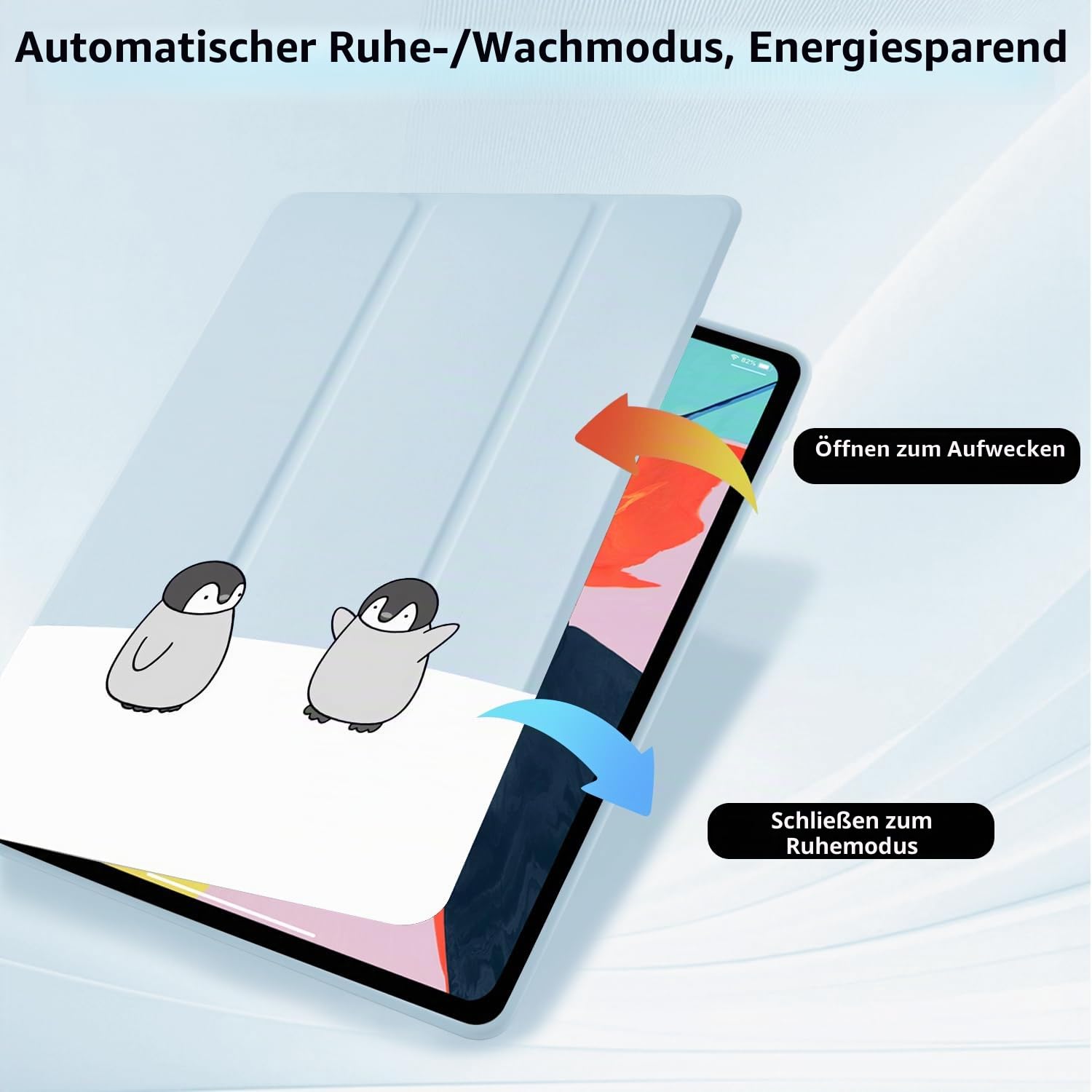 Cartoon-Pinguin-Schutzhülle für iPad A16 11. Generation 2025 11 Zoll / iPad 10. Generation 2022, 27,7 cm (11 Zoll), mit Stifthalter, faltbar, blaues Leder, niedlich, transparent