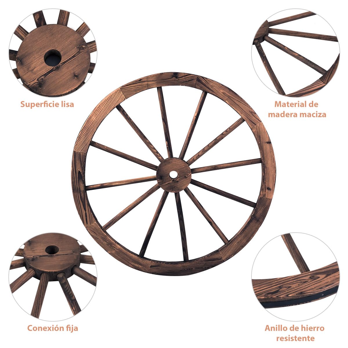 SOARS 2 Piezas Ruedas de Carro de Madera, Decoración de Pared Ø 76 cm con Chapa de Hierro, Rueda de Madera Ruedas Colgantes Rueda de Carro Rústico para Decoración para Jardín & Bar, Marrón