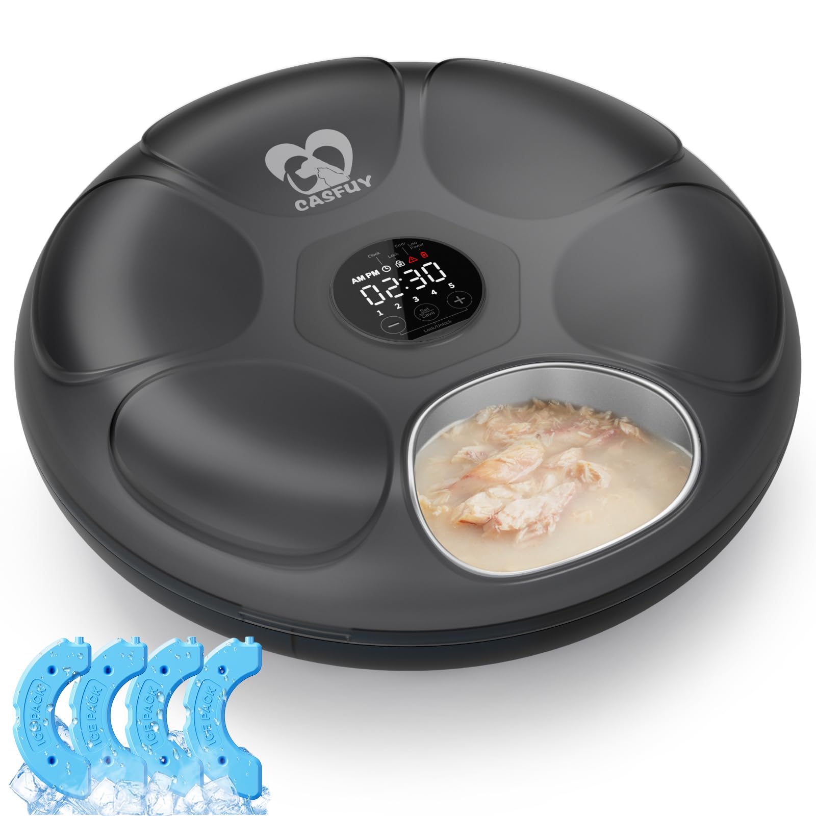 Casfuy Automatic Cat Feeder for Moist Wet Food with Stainless Steel Bowl, Rechargeable Wet Feeder for Cats and Small Dogs with Programmable Timer and Low Battery Status Display