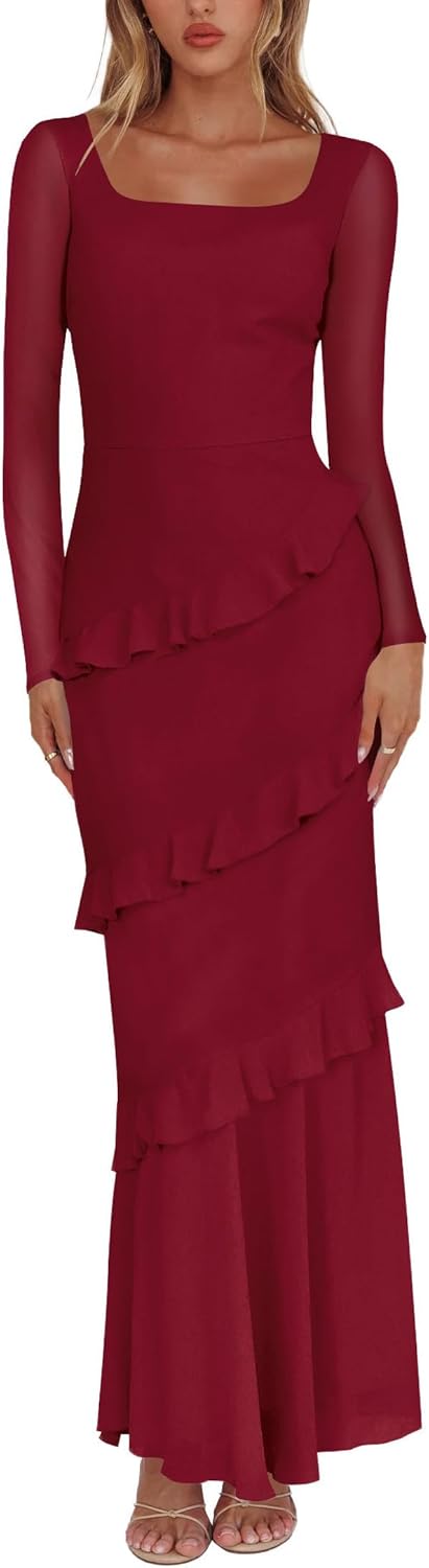 Nova In Sky Women's Wedding Guest Dress Maxi Long Sleeve Mesh Ruffle Formal Bodycon Mermaid Evening Cocktail Long Dress